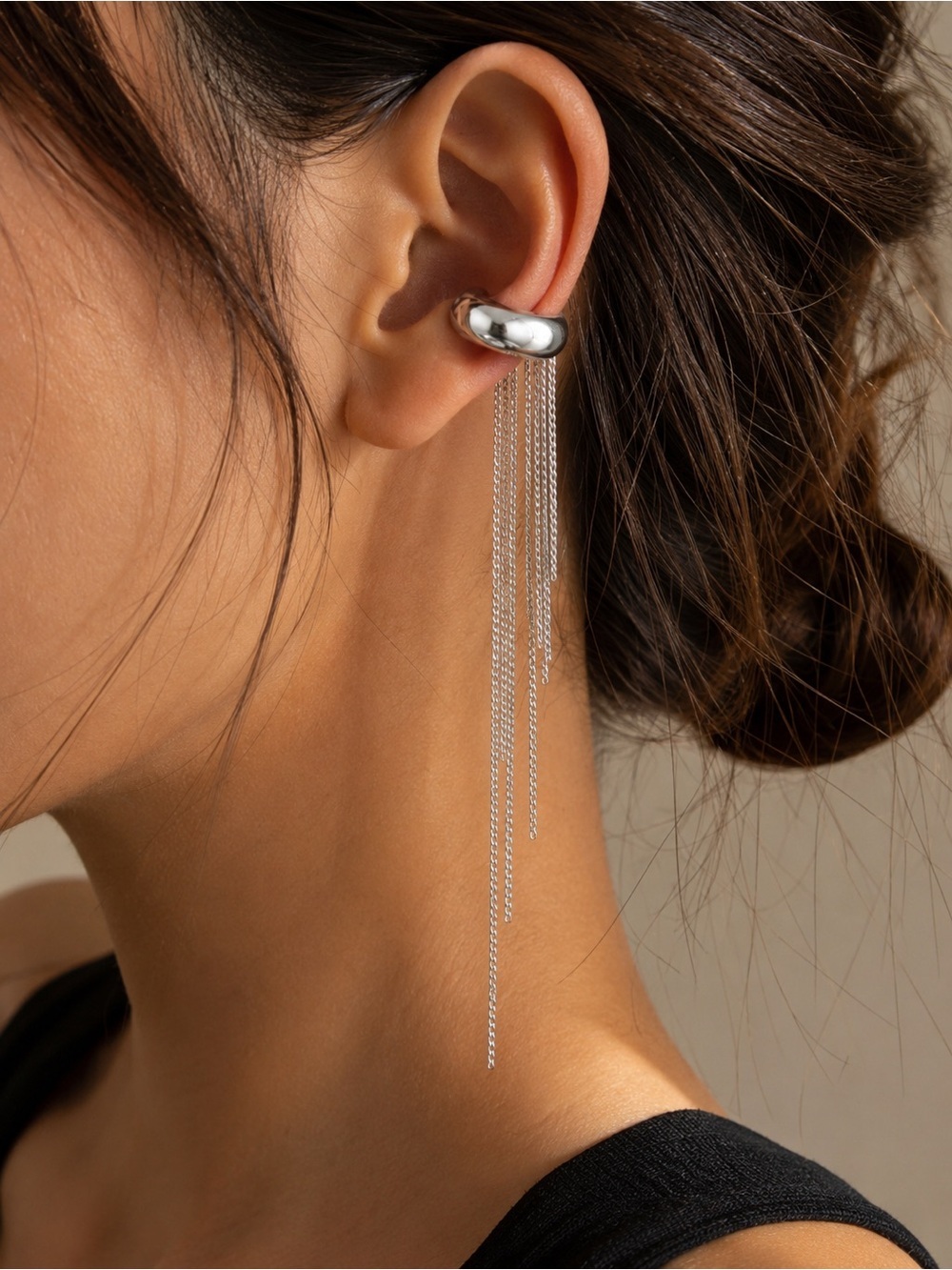 Silver Tone Tassel Ear Cuff Chain Earring Statement Jewelry 1 Pc